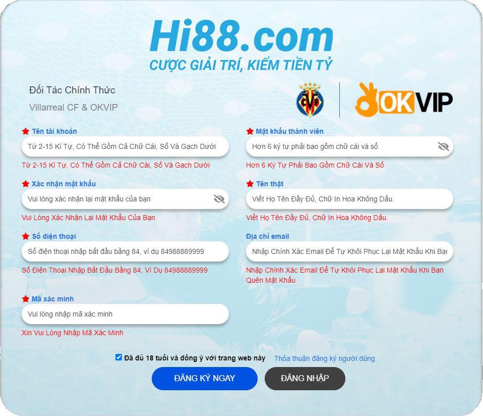 Các thông tin cần điền khi đăng ký tài khoản tại nhà cái Hi88
